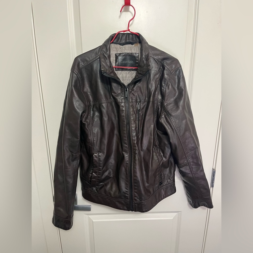 Calvin Klein Men's Dark Brown Faux Leather Jacket in size S